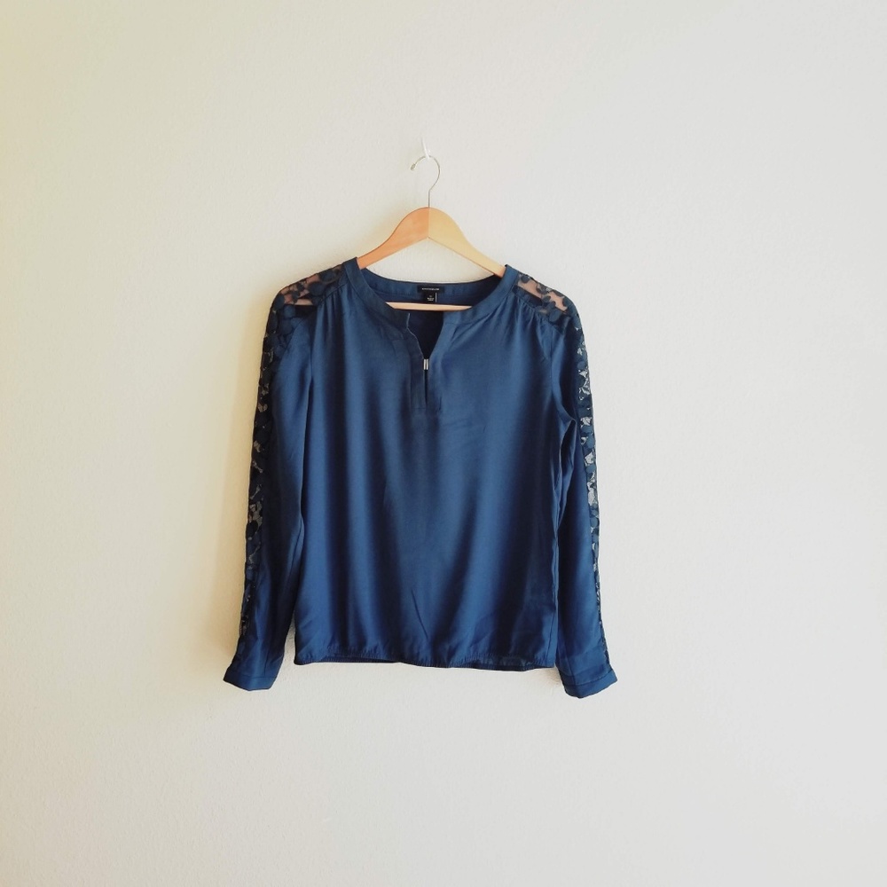 ANN TAYLOR Dark Teal Blouse with Lace Trim, Size S
